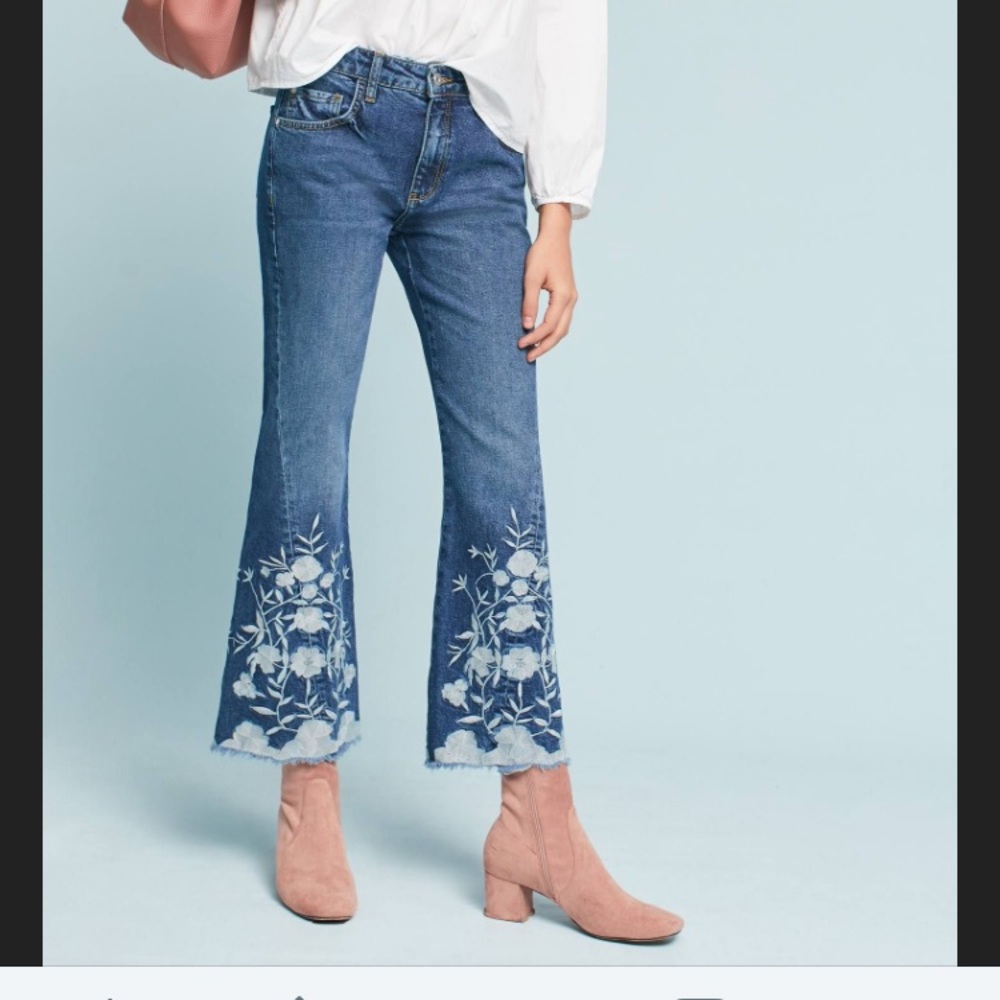 Flare ankle length denim jeans Pilero embroidered flowers on bottom
